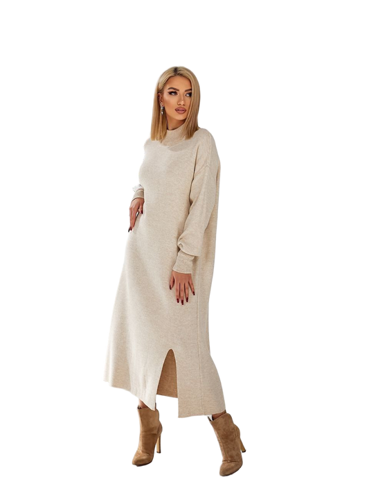 Woman wearing a beige sweater dress on a white background
