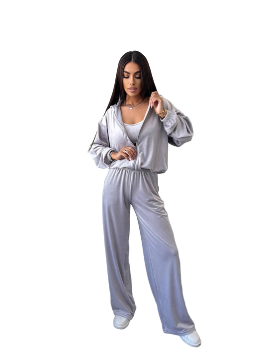 Soft Velour Three-Piece Suit with Zip-Up Jacket and Palazzo Pants in Light Grey
