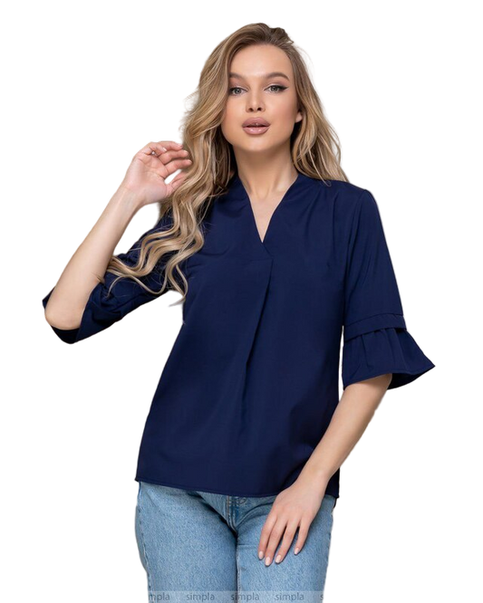 Navy Blue V Neck Blouse with 3/4 Sleeves