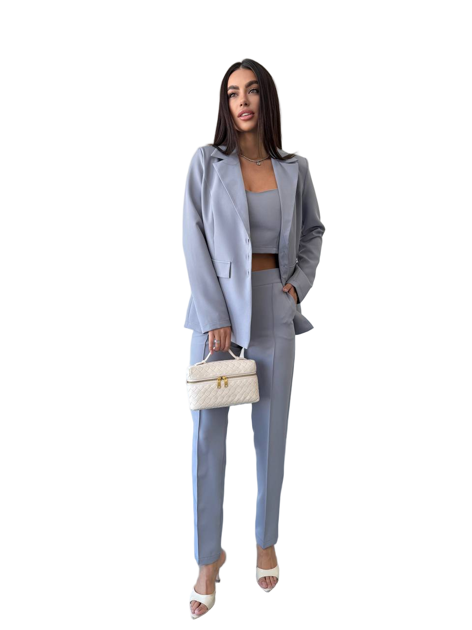Womens Three Piece Suit Light Grey Blazer Top and Pants