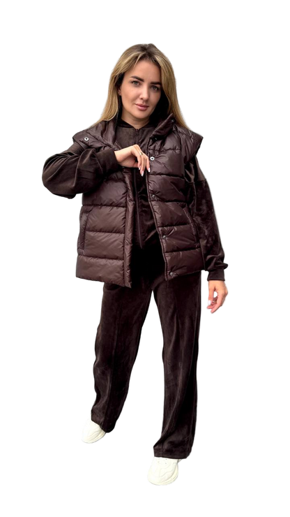 Women Brown Quilted Puffer Vest Snap Button Padded Vest