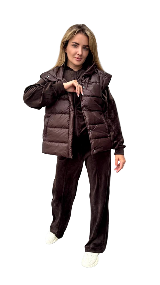 Women Brown Quilted Puffer Vest Snap Button Padded Vest