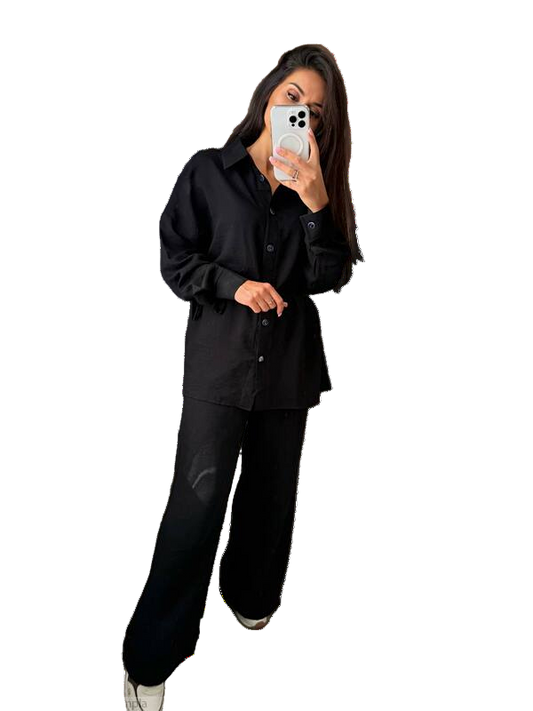 Black Two-Piece Linen Suit Shirt and Pants